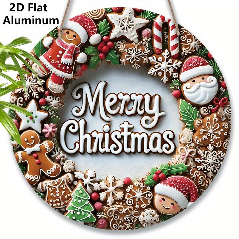

2D Flat Merry Christmas Aluminium Sign - Charming Figurine Ornaments with Santa Claus & Gingerbread Man Pattern - Ideal for Front Door, Wall, Porch 7.87×7.87inch