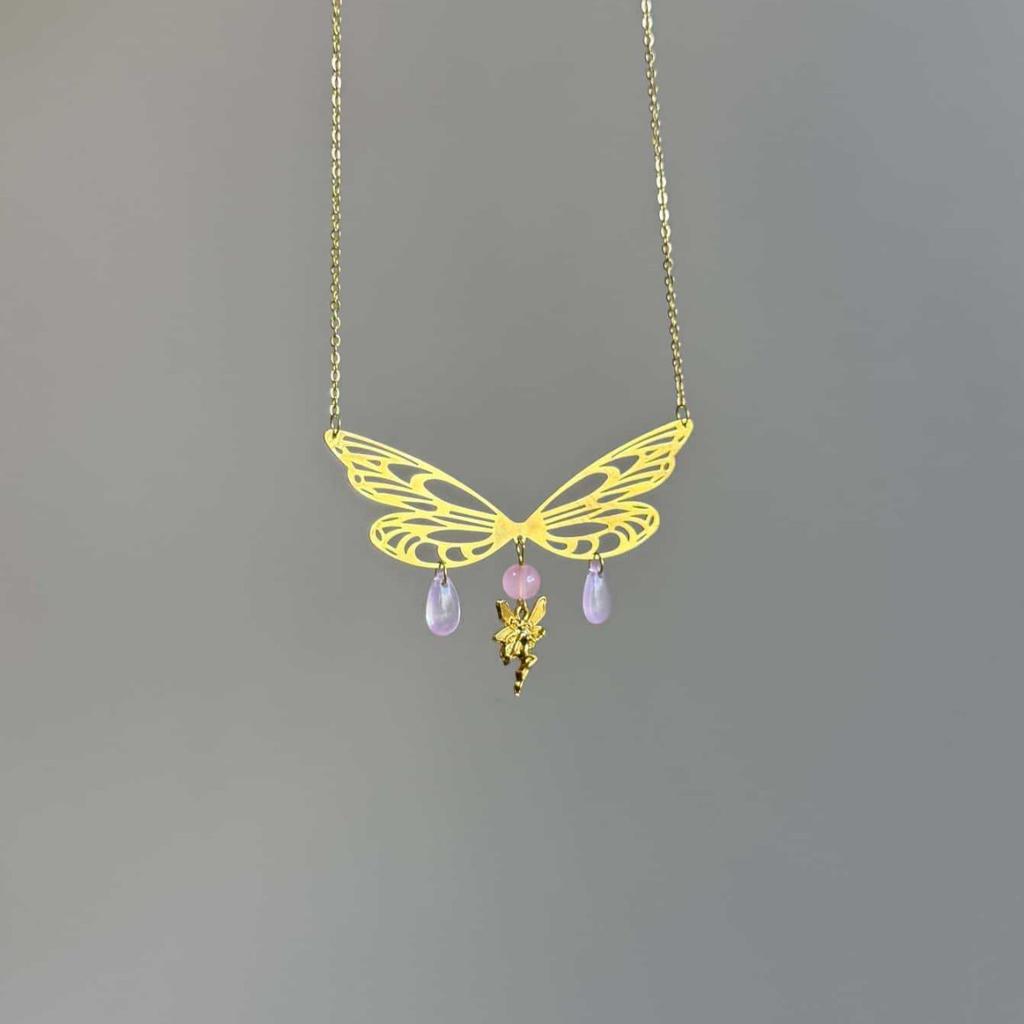 Gold Butterfly Wing Necklace for Women - Fairy Crystal Goddess Pendant Original Design Jewelry