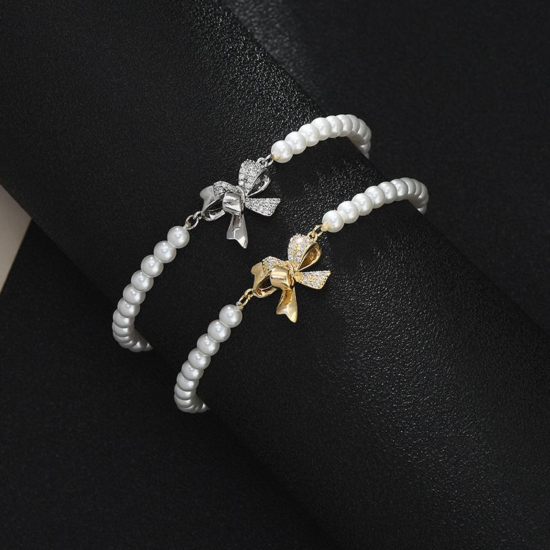 BLINGBY Brățară de damă Toamnă și Iarnă Nouă Bijuterii de mână Elegante din zircon Brățară cu fundă Bijuterii de mână de perle ușoare de lux Cadou de bijuterii pentru fete