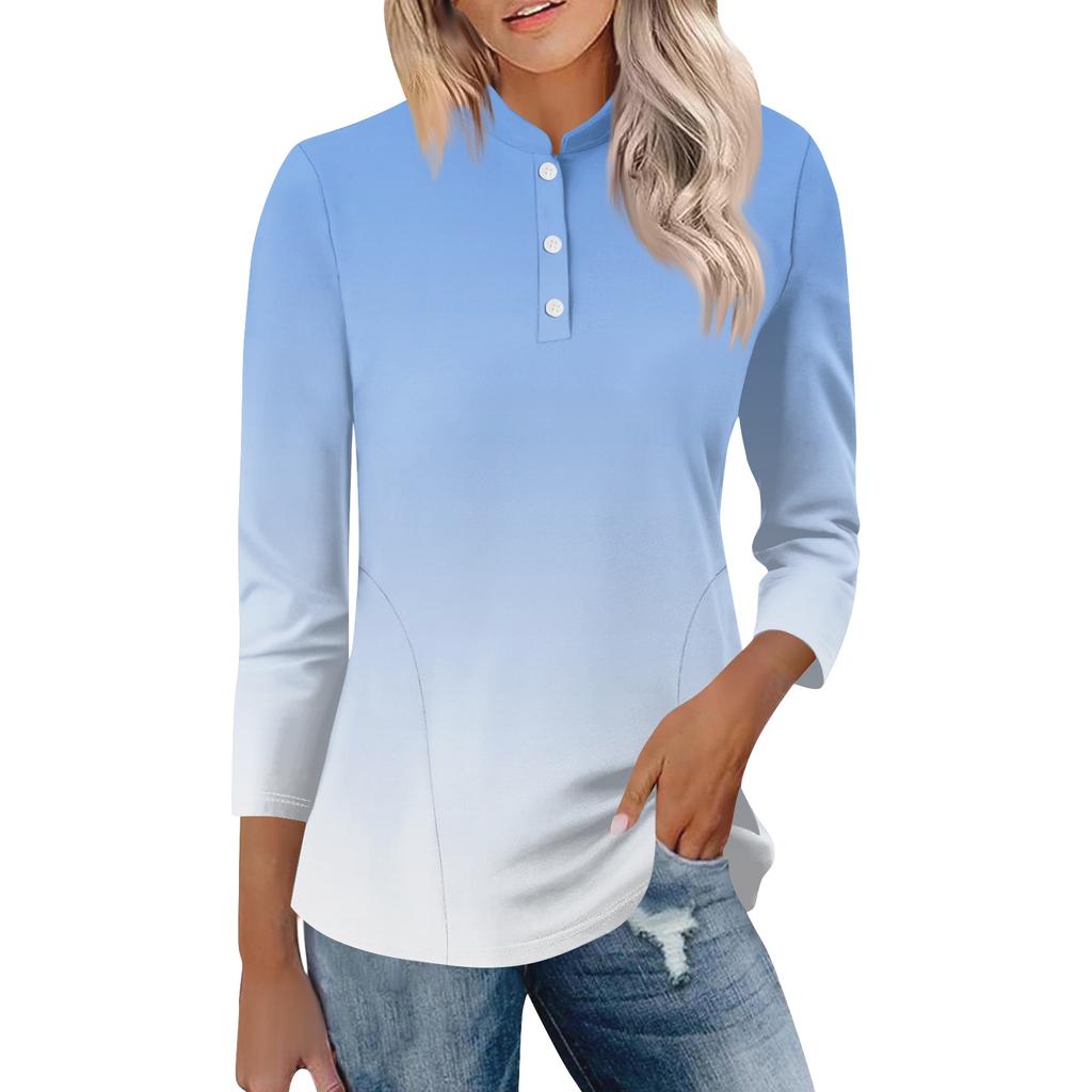 Womens Casual Loose Fit Polo Collar Top with Three Quarter Sleeves Gradient Print Pullover Henley Blouse Shirt