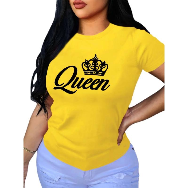 Crown Letter Print Crew Neck T-Shirt, Casual Short Sleeve T-Shirt For Spring & Summer, Women's Clothing