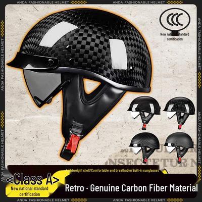 Men's Ultra-Light Retro Carbon Fiber Half Motorcycle Helmet - 3C Certified
