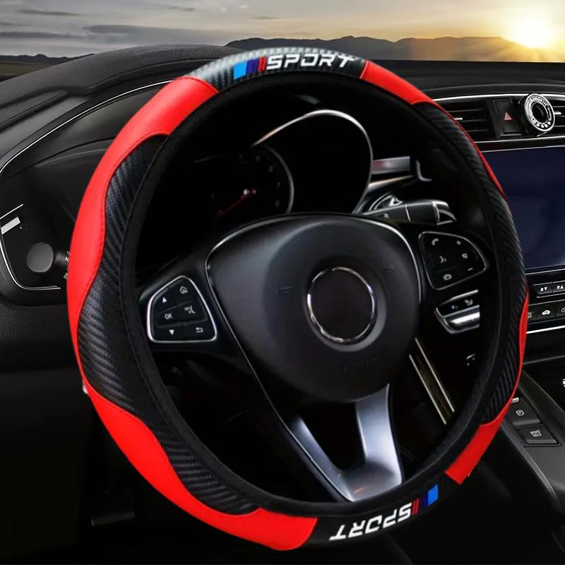 38cm Potah volantu z imitace kůže se vzorem karbonových vláken, Protiskluzový, Sportovní styl, Pro všechny sezóny