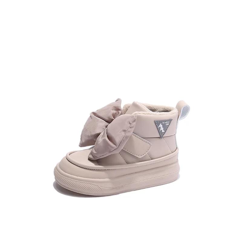 Girls Cotton Plush Warm Short Boots 2024 Winter Princess Korean Style Bow Ankle Boots Little Kids Fashion Casual Shoes Non-slip