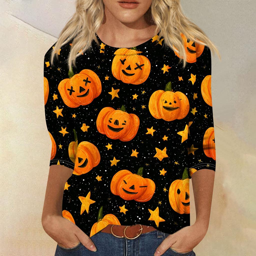Women's Casual Halloween Print Round Neck Top Three Quarter Sleeve Lightweight Comfortable Street Style Shirt