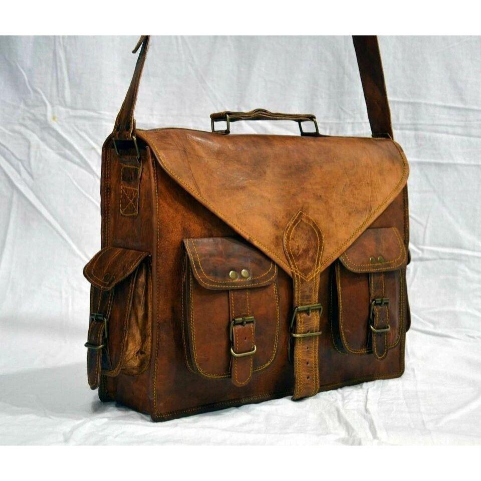 Men's Genuine Vintage Fat Stich Leather Messenger Shoulder Laptop Bag Briefcase
