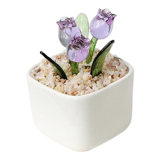 

Handcraft Blown Glass Flower Figurine Mini Faux Crystal Tulip Bouquet in Pot for Women Mom Wedding Mother s Day Office Home Table Centerpiece фиолетовый