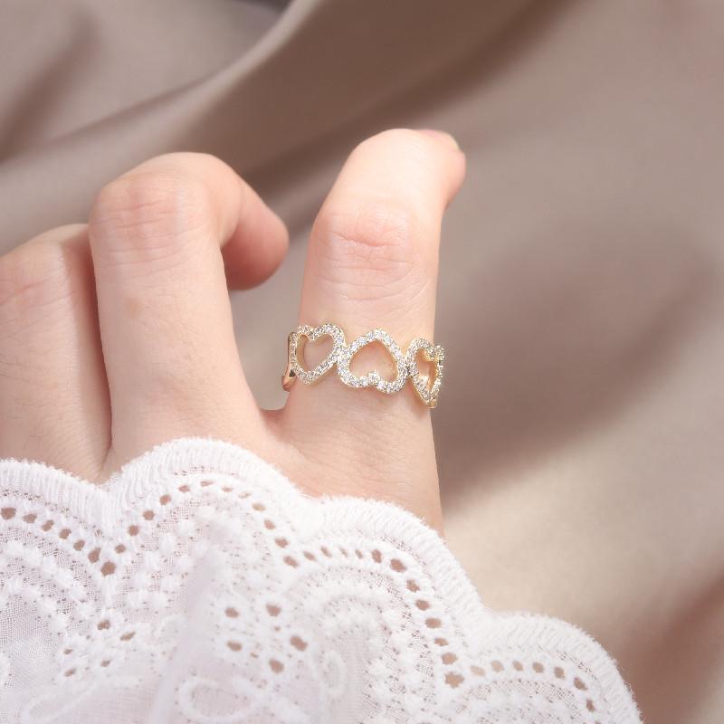 Design Fashion Jewelry 14K Real Gold Electroplating Hollow Love Zircon Ring Elegant Women's Opening Adjustable Ring