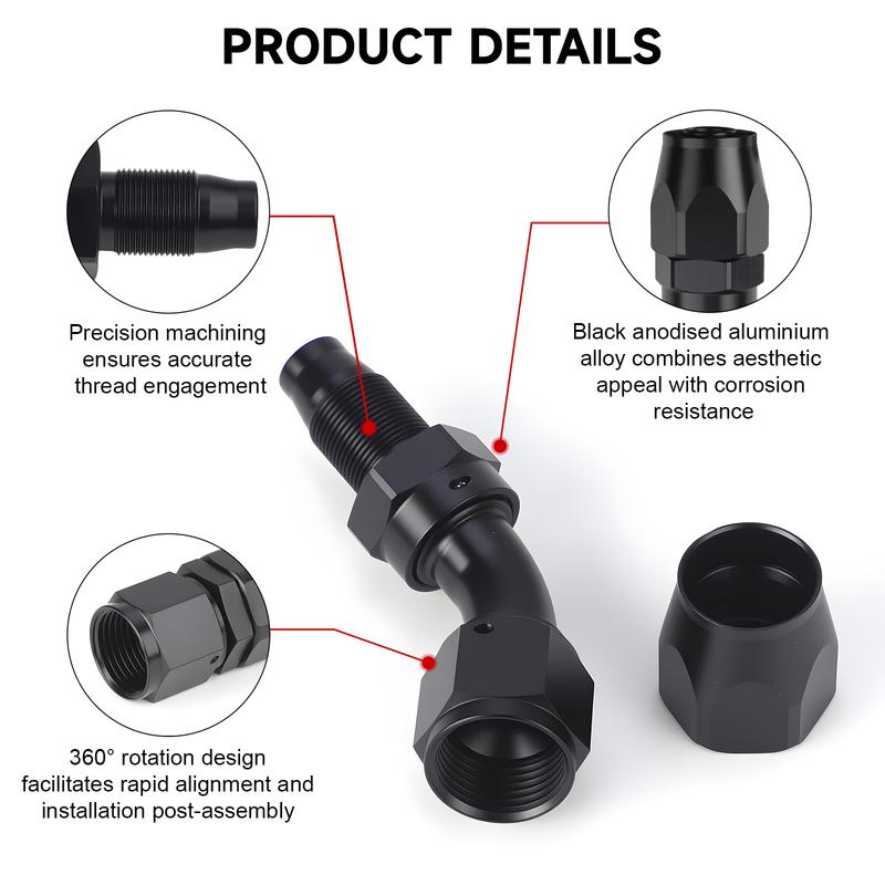 2 Pcs Universal AN4 AN6 AN8 AN10 Straight 0 45 90 180 Deg Aluminum Swivel Hose End Fitting Adapter For Oil Fuel CPE Line Black
