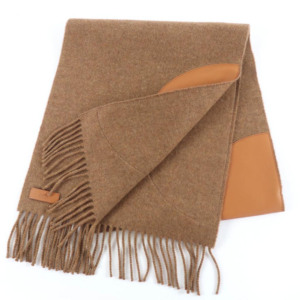 Pristine HERMES Scarf POIS CUIR Lamb leather patchwork Brown cashmere Women Used