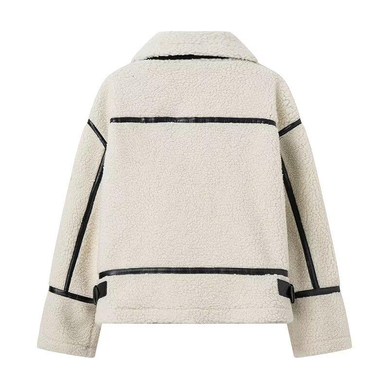 2023 European & American Women’s Winter Casual Lapel Long-Sleeve Zipper Lamb Wool Jacket Top