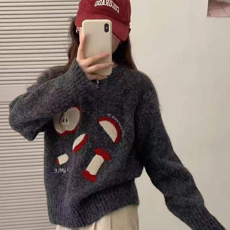 Apfelstrick-Cardigan im koreanischen Stil - Rundhalsausschnitt, lange Ärmel, weicher Pullover für Herbst/Winter