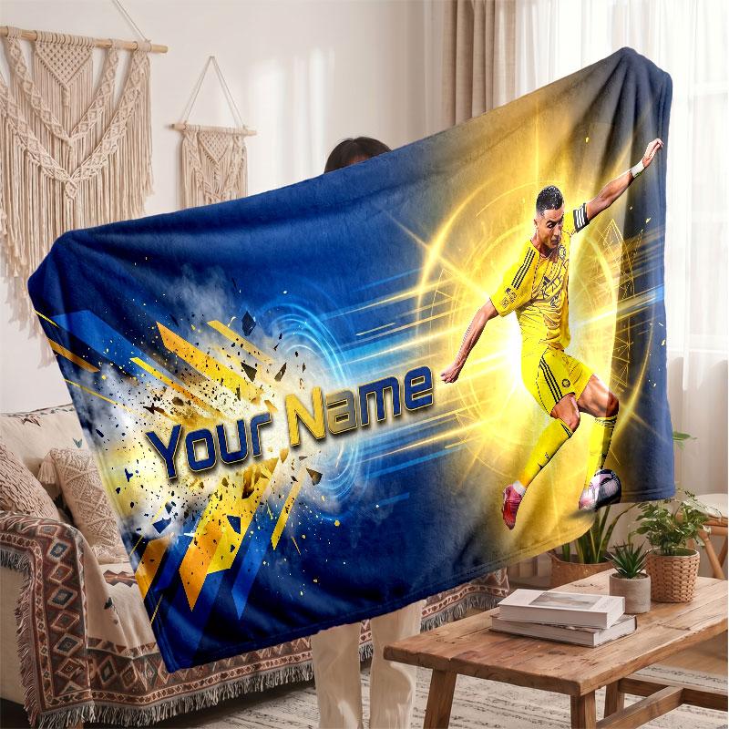Coperta Personalizzata in Pile Cristiano Ronaldo con Logo Calcio, Testo Nome Personalizzato Morbida Calda Coperta da Divano per la Casa