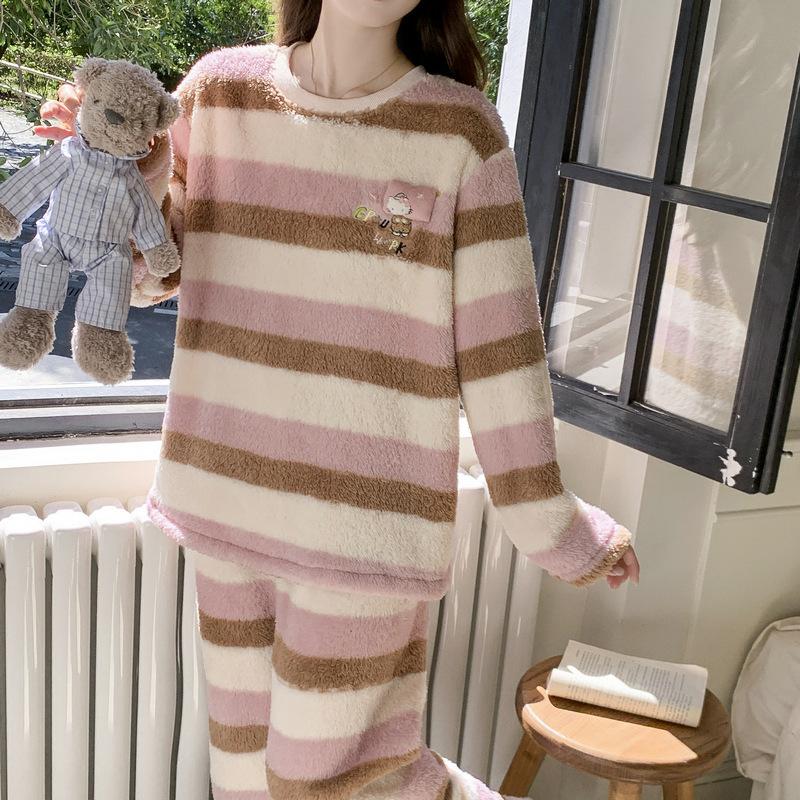 Wumida winter warm fleece thickened coral fleece pajamas women's cartoon printed flannel loungewear set