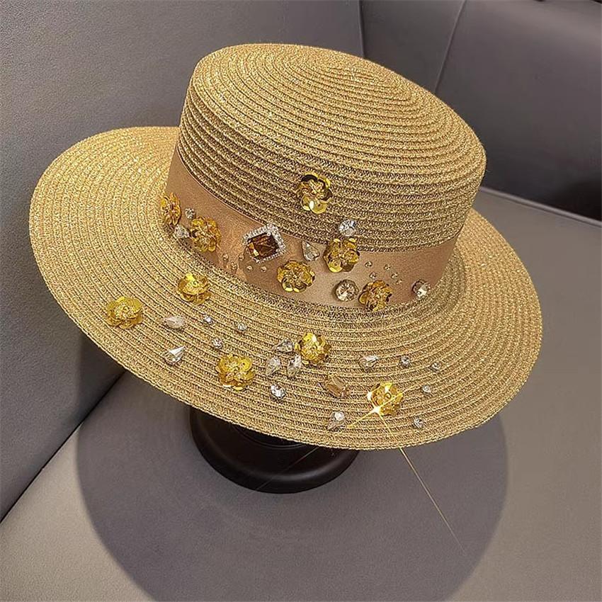 My Extreme Outdoor Activities Women's Gold 202602-Shi Ins Chic Summer Paper Polyester Knitting Sequins Drill Flower Fashion Lady Fedoras Cap Leisure Jazz Hat 57Cm