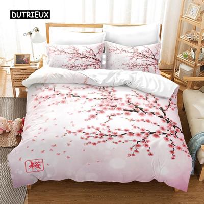 Bettbezug Rosa Sakura Pflaumenblüte Bambus Bettwäscheset Mode Kunst Bettbezug Japanischer Tokio Stil Für Frauen Kinderzimmer Dekor