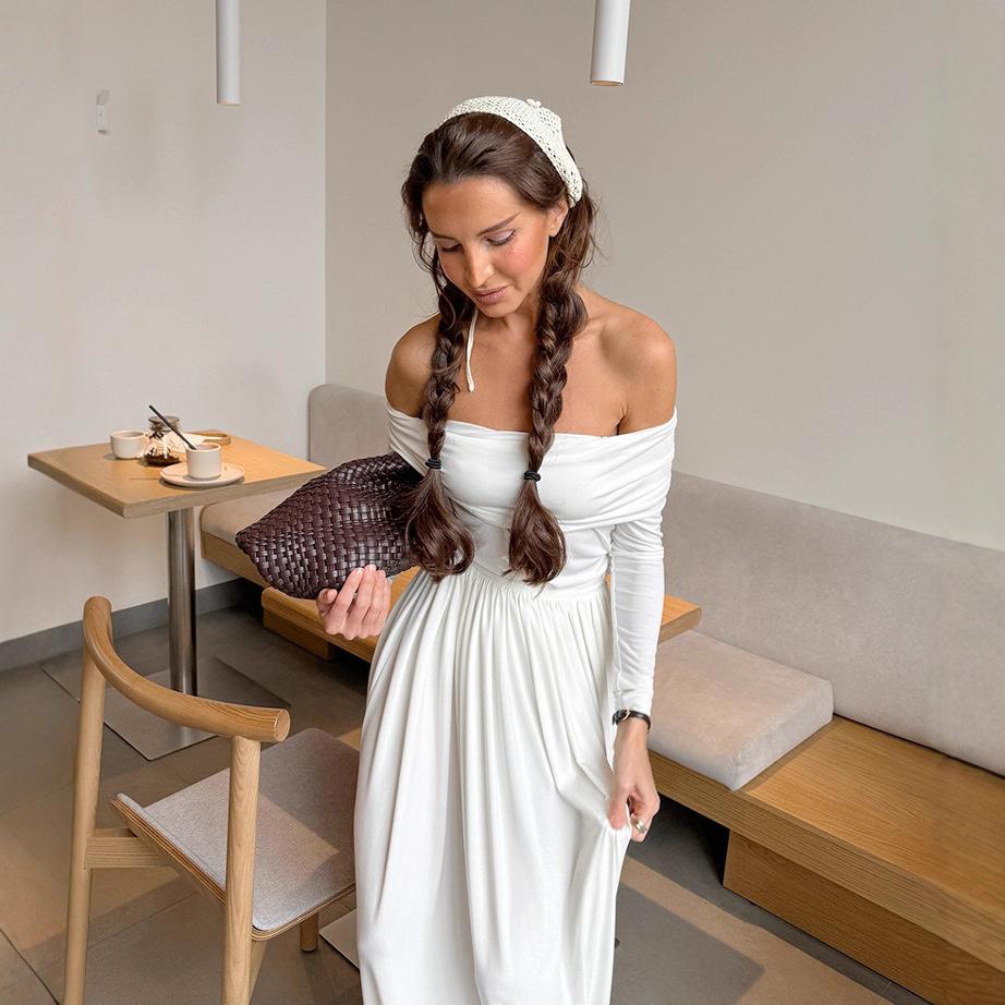 1116 new high-end one-word neck long-sleeved top pleated high-waisted long skirt set women's autumn two-piece set