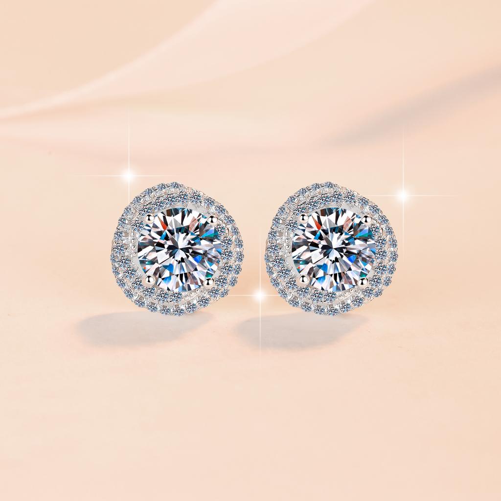0,5 & 1 Karat Runder Schliff VVs1 Moissanit Doppel-Halo-Steckohrringe GRA-zertifiziert 925er Sterlingsilber für Damen Hochzeits Schmuck