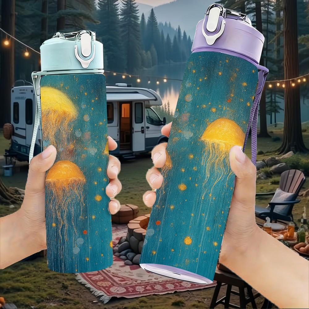 1PC Yellow Jellyfish Deep Ocean Scene Print 750ml Color Plastic Sports Water Bottle Leakproof Flip Straw Lid Suitable for Sports Office Home Use