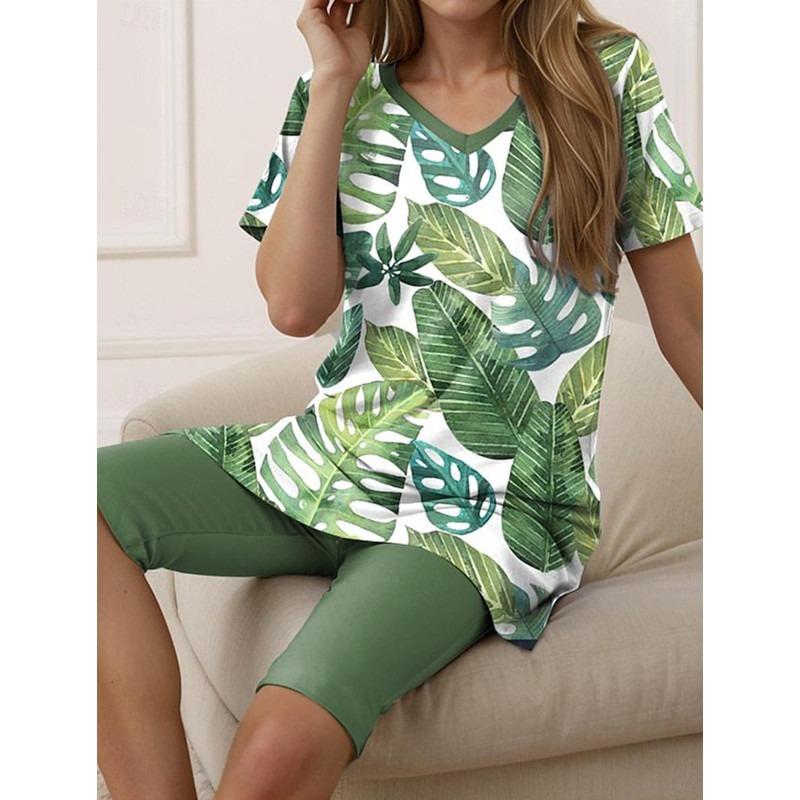 

QICED Летний женский комплект из футболки и шорт с цветочным принтом, повседневный комплект из двух предметов с V-образным вырезом XXXL может зеленый