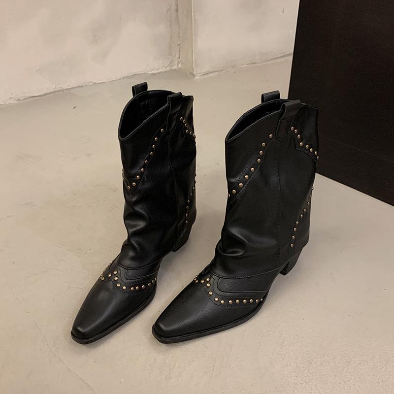 Long Boots Rivet High-top Western Cowboy Knight Boots Ladies French All-match Retro Leather Boots