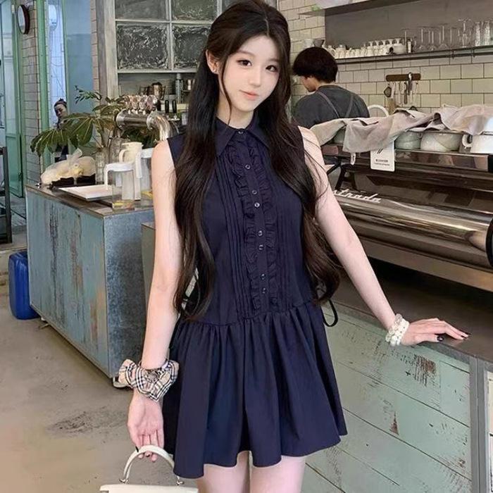 

Korean college style waist thin shirt dress women s summer new navy blue sleeveless vest short skirt S