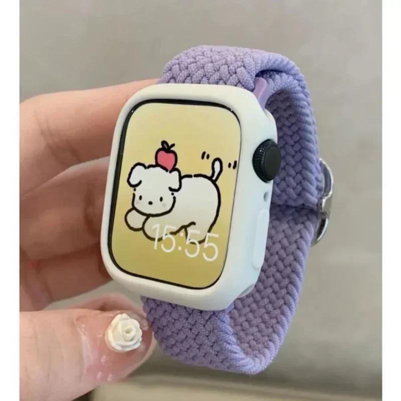Korean Cute Braied Strap + Case For Apple Watch Band 49mm 46mm 45 44 38 42 Nylon Bracelet For iWatch Series 10 9 8 7 6 5 4 3 SE