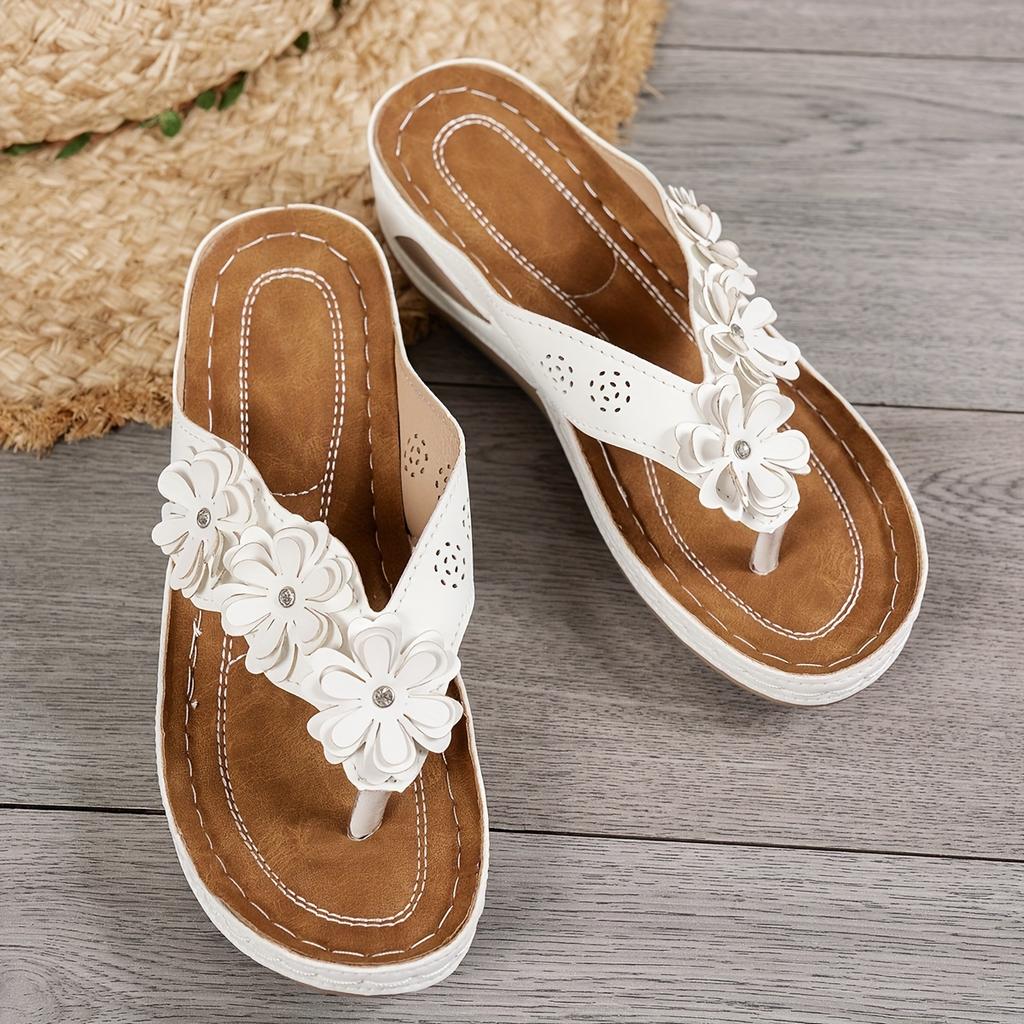 Ladies' Fashion Flip Flops | Casual Open-Toe Flat Sandals with Floral Decorations, Comfortable PU Sole, All-Season Wear | Standard Fit