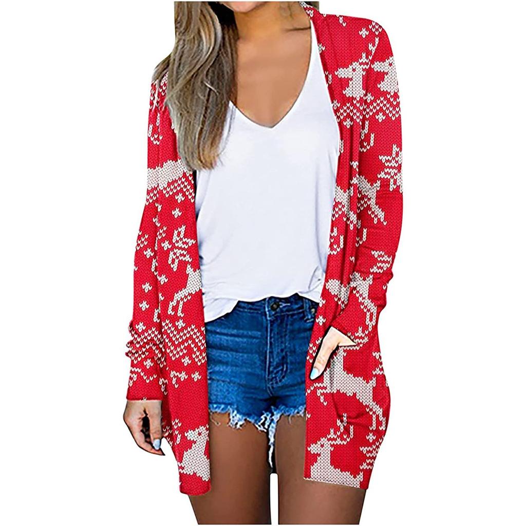 Women's Christmas Long Sleeve Front Cardigan Printed Top Lightweight Jacket