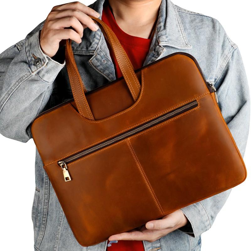Genuine Crazy Horse Leather Laptop Sleeve MacBook Pro 15 Inch With Zipper Business Office Carry Case Unisex