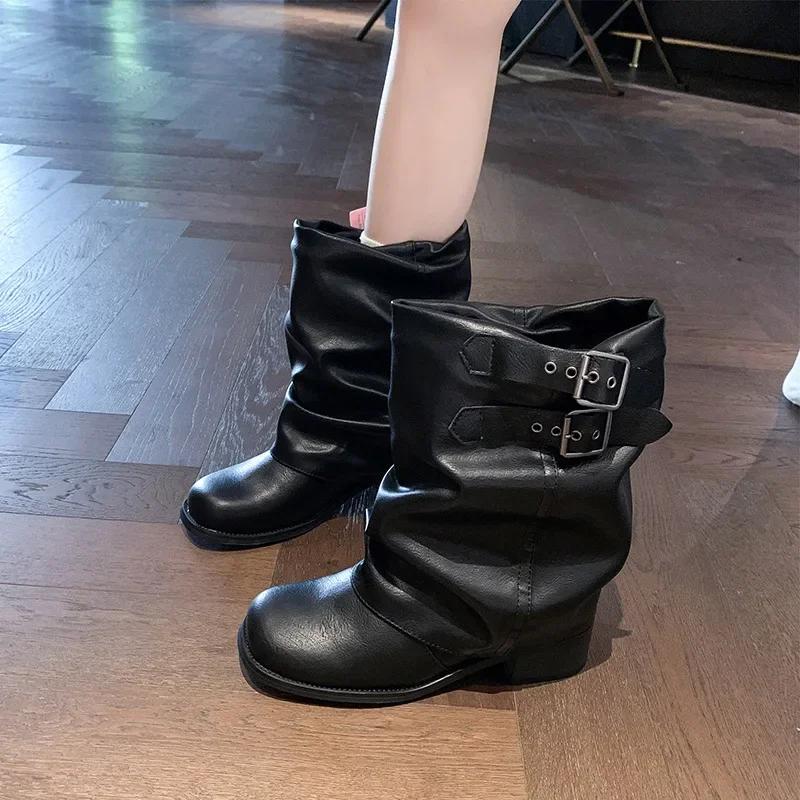 Women's Pleated Cuffed Boot Spring 2025 Mid-Calf Chunky Heel Black Short Boot for Skirts round Toe Polyurethane Rubber