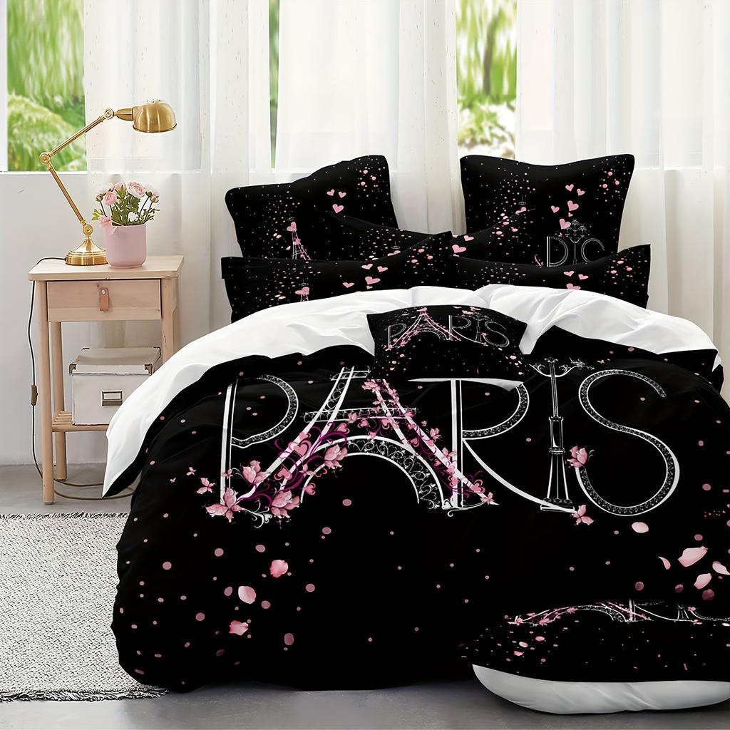 Eiffel Tower Print Washable Microfiber Bedding Set Soft Comfortable Duvet Cover For Bedroom1*Duvet Cover +2*Pillowcase