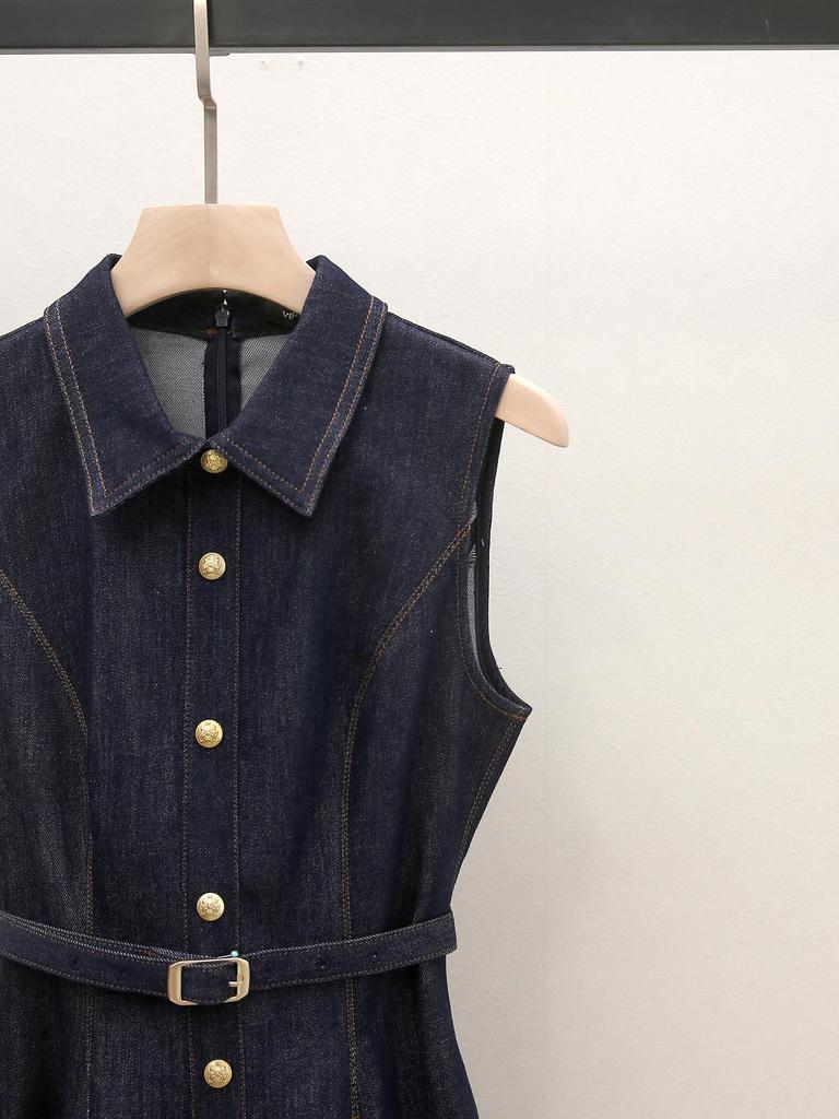 Spring New Arrival Korean Style Lapel Waist-Cinched A-Line Denim Dress for Women