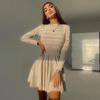Women's Solid Long Sleeve Slim Mini Dresses Autumn New O-neck Hollow Out Pleated A-line Dress Ladies Sexy Vestidos