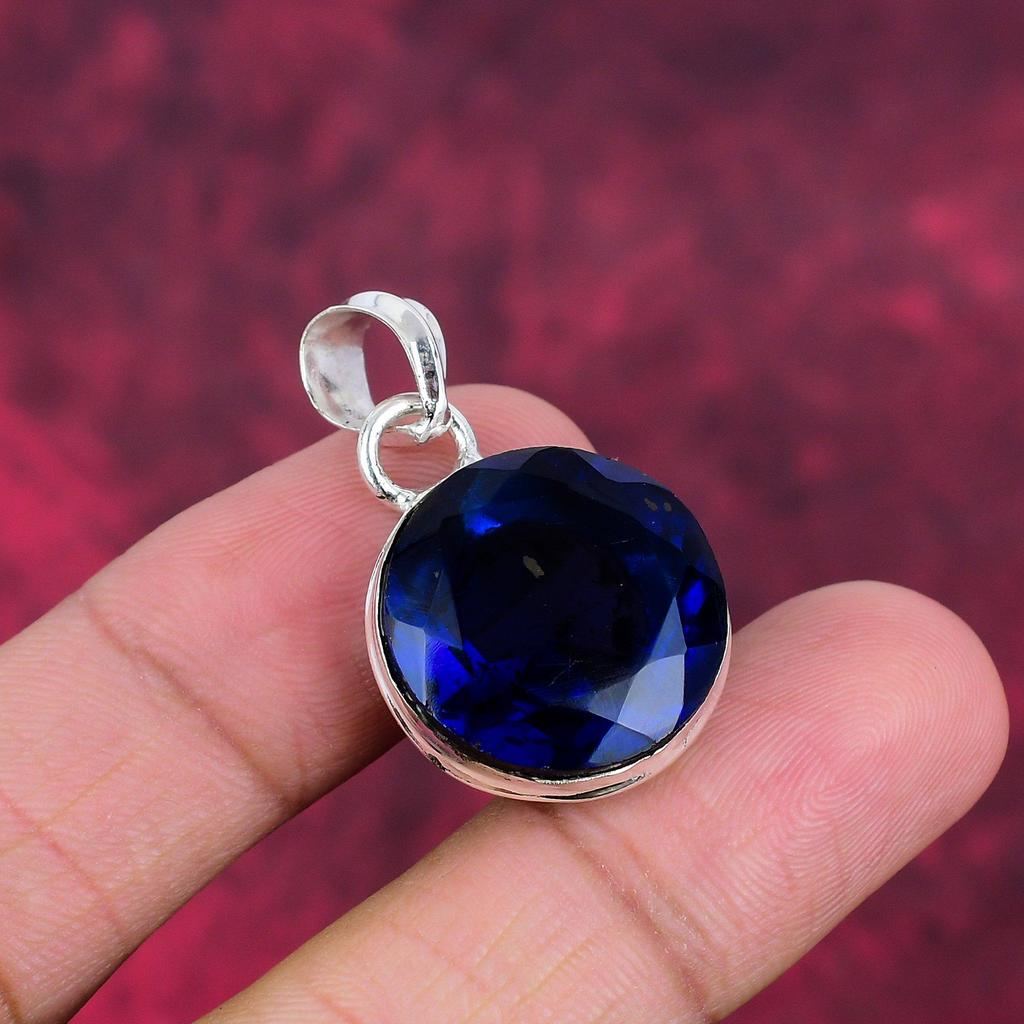 Blue Sapphire Pendant, Handmade Gemstone Pendant, 925 Solid Sterling Silver Pendant Antique Jewelry, For Engagement Gift