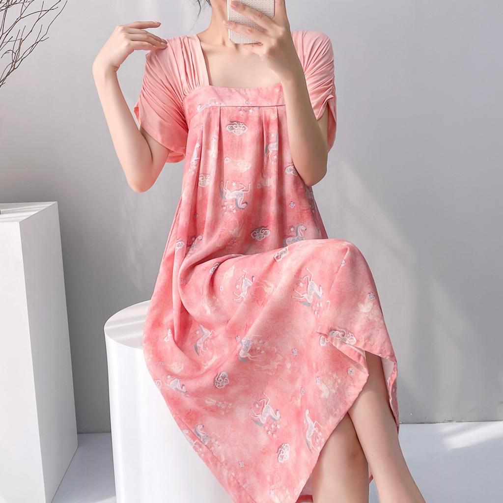 Women's nightgown thin short-sleeved printing light luxury simple breathable casual loungewear long skirt can be worn outside