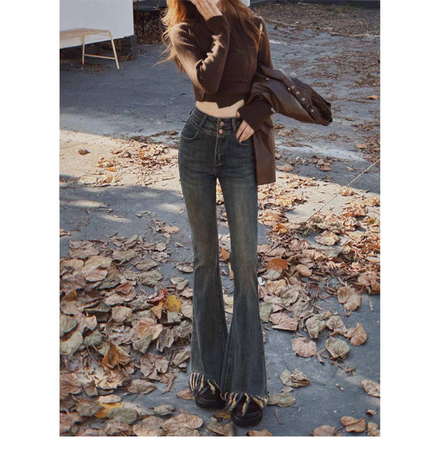 Cross-Border Tassel Cement Gray Micro-Flare Jeans: Women s 2026 Spring/Summer Elastic Slimming Retro Pants with Frayed Hem M
