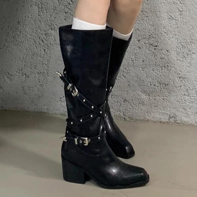 

Hot Selling Long Boots for Women High Heels Shoes Fashion Goth Chelsea Boots Winter Woman Pumps 2025 New Chunky Mujer Botas 35 чёрный