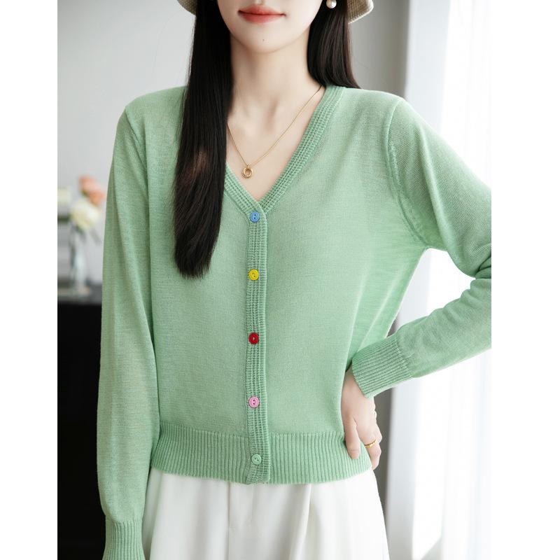 Summer Thin Bamboo Joint Linen V-neck Cardigan Light One Tone Sweater Versatile Air Conditioning Blouse Sunscreen Jacket