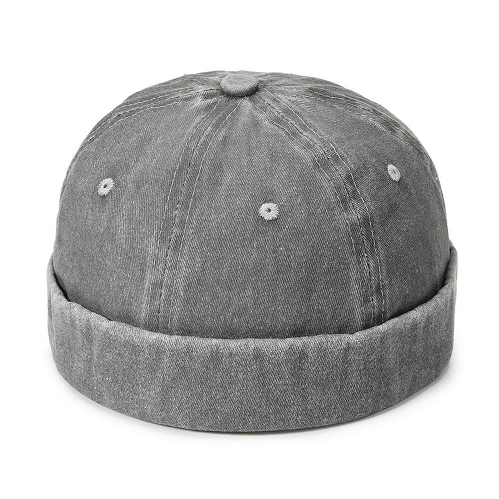 

Vintage Washed Denim Brimless Docker Cap Solid Color Cotton Vintage Dome Hat Adjustable Melon Beanie Cap Boy Girls сірий