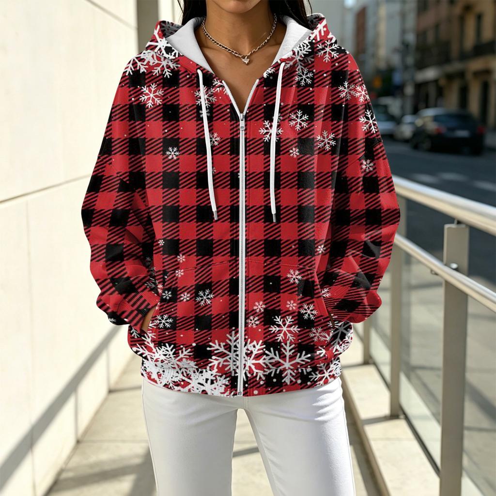Women's Casual Loose Fit -Lined Printed Hooded Zip-Up Cardigan