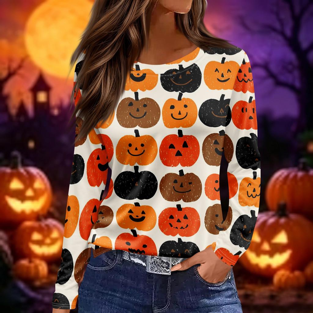Women's Long Sleeve Halloween Print Top Round Neck Casual Pullover Shirt with Split Hem Lightweight Fabric for Seasonal Wear