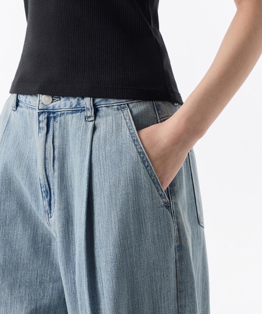 MUSINSA STANDARD WOMAN Women'S Linen-Like One-Pleat Extra Wide Denim Pants [Sky Blue]