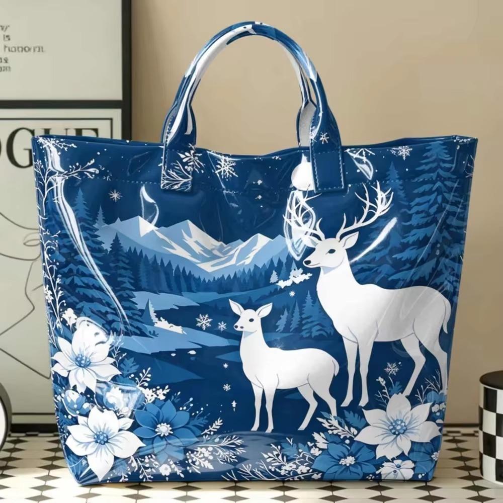 Large Capacity Christmas Print PVC Tote Bag Waterproof Christmas Hand Tote Commute Tote Bag Work