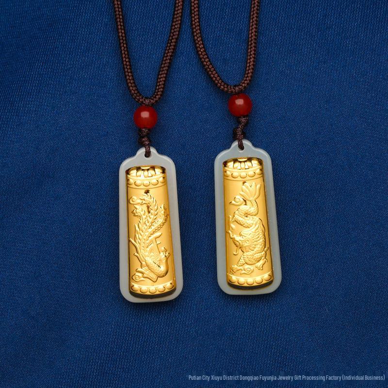 Gold-Inlaid Jade Dragon & Phoenix Pillar Pendant - 3D Solid Gold Dragon & Phoenix with Square Jade Plate