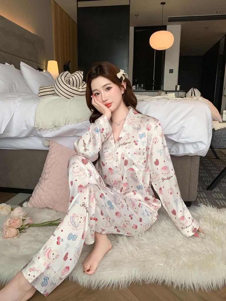 Love Plaid Cat Sweet Pajamas Women's Early Spring Ice Silk Cute Long-sleeved Suit, Comfortable Loungewear Outside