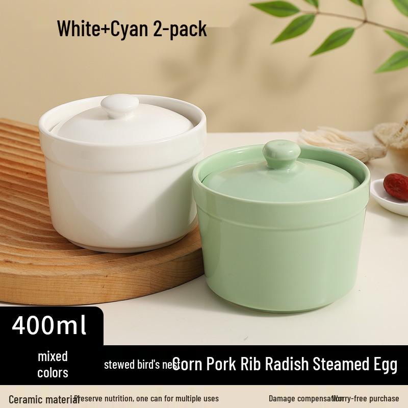 Keramický hrnec na dušení ve vodní lázni s víkem - Miska na polévku pro jednu porci a napařovaný vaječný krém