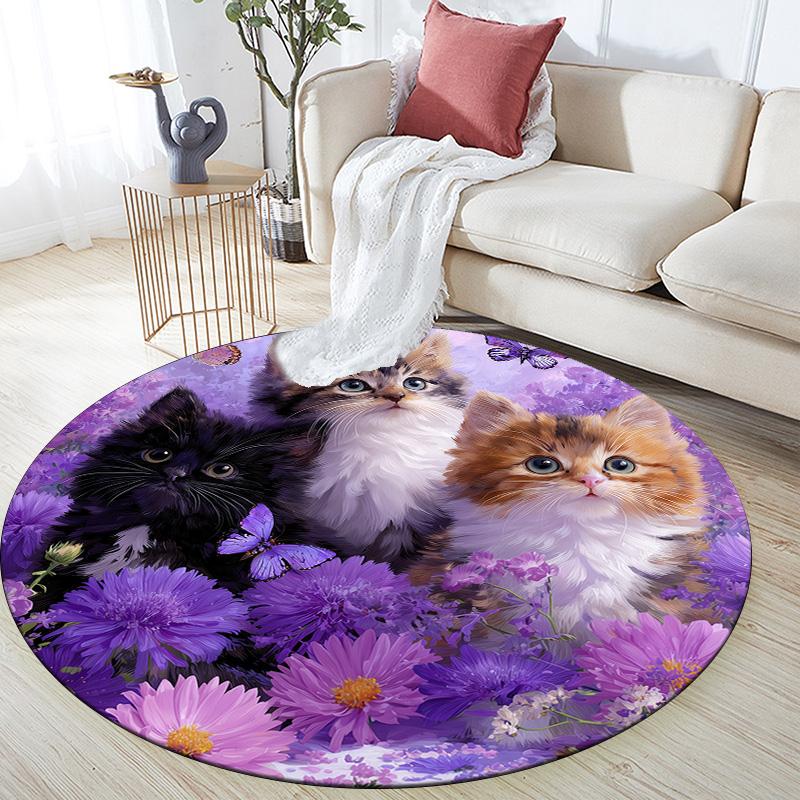 

Фиолетовый кошка-калико, Круглый ковер, Ковер для гостиной, спальни, дивана, игровой комнаты, Декор, Нескользящий коврик для пола 80cmx80cm