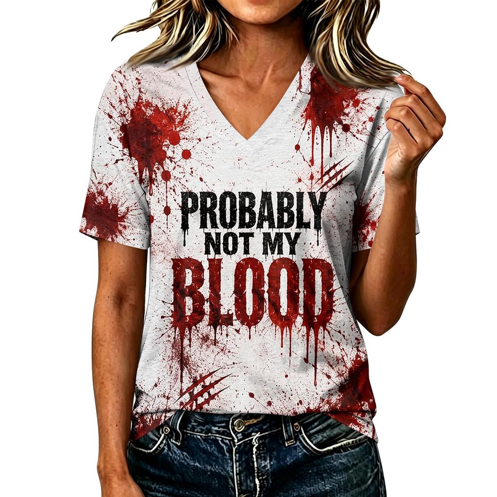 Women's Casual V-Neck Top with Halloween Print for Fall Festive Wear