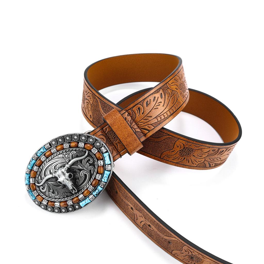 Vintage Design PU Leather Belt Men Punk-Embossed Westerns Denim Belt With Buckle Adjustables Soft Belt 110/115//120/125cm